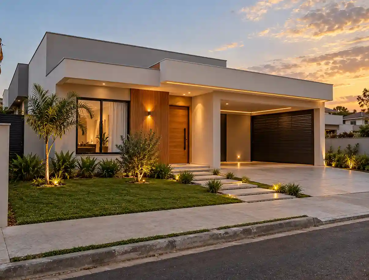 Casa térrea contemporânea ao entardecer, com fachada branca, painel de madeira ripada, garagem coberta e jardim iluminado